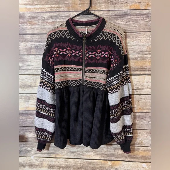 Free People Black Cozy Cottage Half Zip Sweater S Small Cabin Winter Cottagecore - Picture 4 of 10